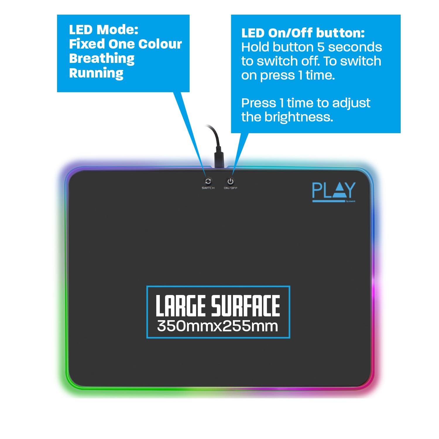 Play BY Ewent Mousepad Gaming LED RGB 35*25 PL3341 — miniatura 7