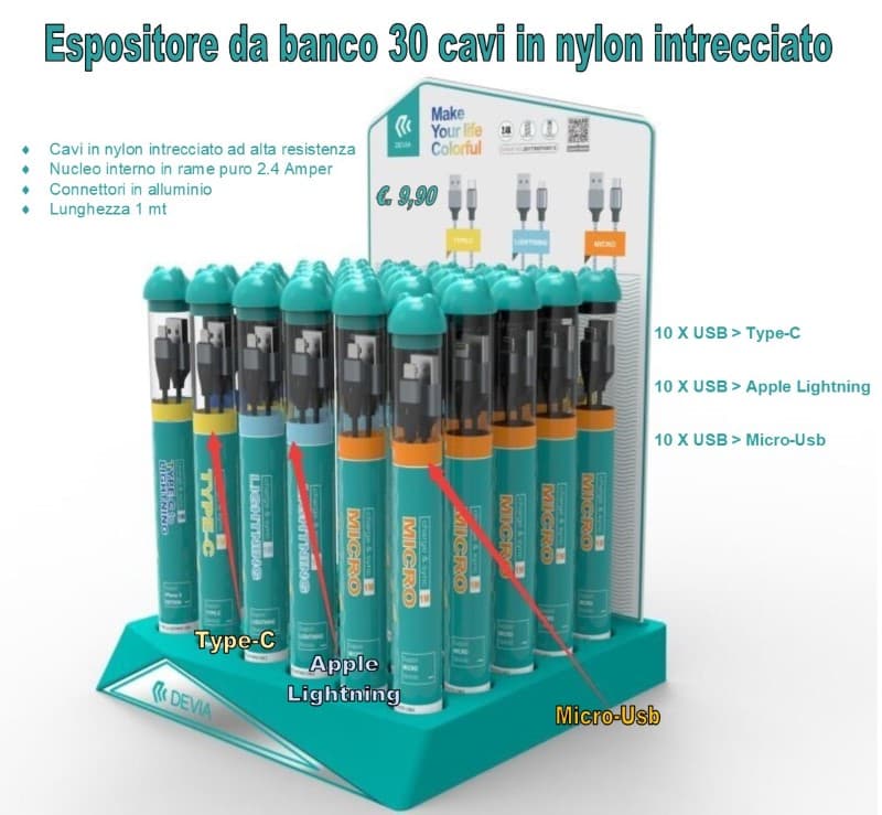 Devia Espositore Box 30 Cavi 10*APPLE/TYPE-C/MICRO-USB DE1030860