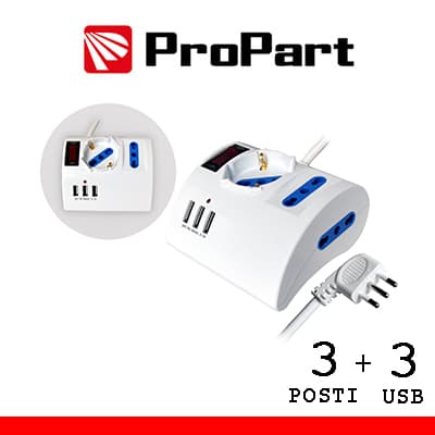 Propart Mutlipresa da Scrivania 3 Prese ITA - 1 ITA/Schuko - 3 USB PEM2602-W — miniatura 2