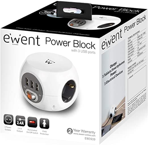 Ewent EW3939 - Power Block (Cube) con 3 prese e 3 porte USB, cavo da 1,5 m, colore: Bianco/Bianco — miniatura 9
