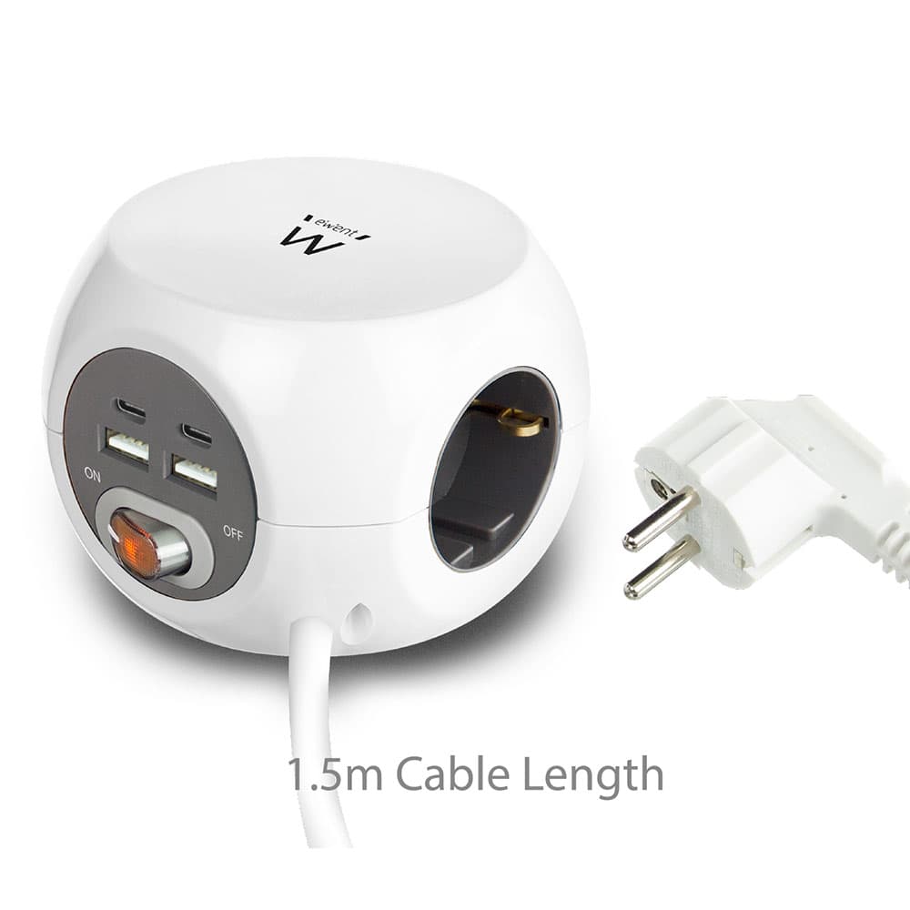 Ewent Powercube EW3957 - Cubo con presa USB, 2 USB-C e 2 prese USB-A (3,4 A) con interruttore, 3 prese, incluso cuscinetto adesivo per cucina, ufficio, soggiorno, lunghezza cavo — miniatura 8