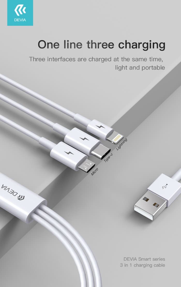 Devia Cavo di Ricarica Smartphone 3 in 1 da USB a Micro-USB/Type-C/Lightning 1.2MT DECS31975W — miniatura 10