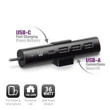 Ewent EW1317 Caricatore USB da Tavolo con 1 Porta USB Tipo C e 3 Porte USB Tipo A 36W, Colore Nero — miniatura 9