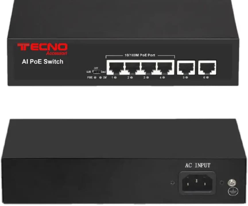 Tecnonew Switch POE 4P + 2 Uplink per Telecamere 10/100MBPS TN-HP4EH2EH