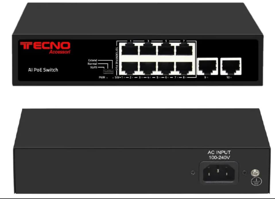 Tecnonew Switch POE 8P + 2 Uplink per Telecamere 10/100MBPS TN-HP8EH2EH