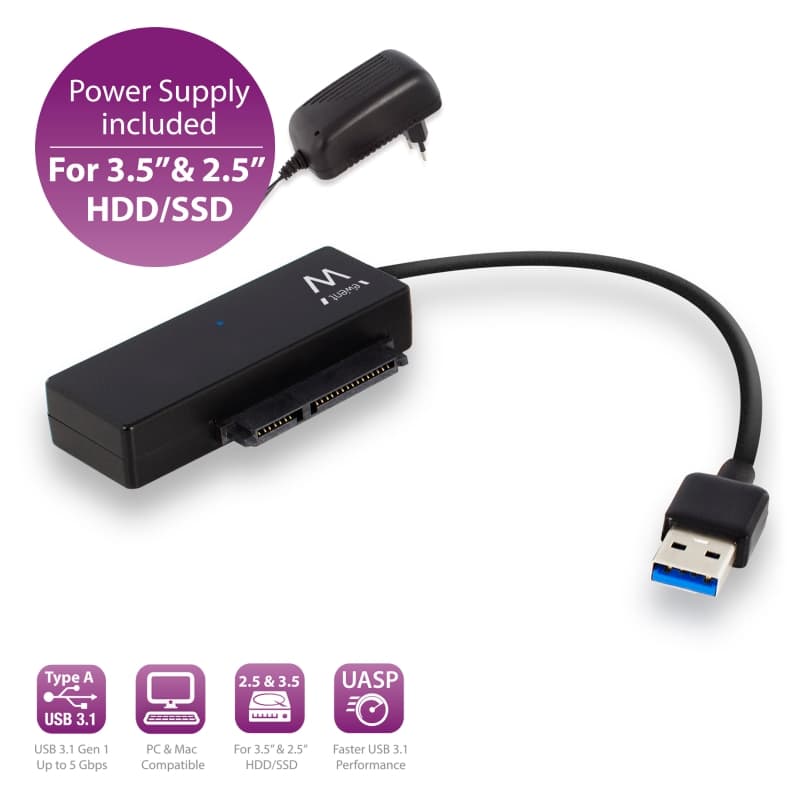 Ewent Cavo Adattatore da USB 3.0 a SATA per HDD/SSD 2,5" e 3,5" con Alimentatore EW7018