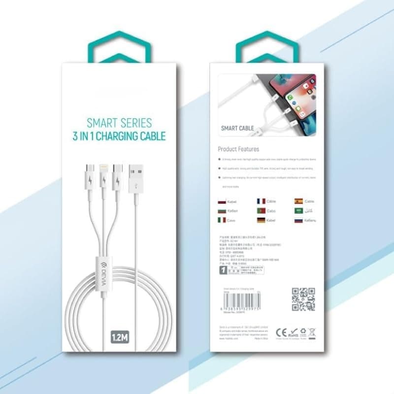 Devia Cavo di Ricarica Smartphone 3 in 1 da USB a Micro-USB/Type-C/Lightning 1.2MT DECS31975W — miniatura 9