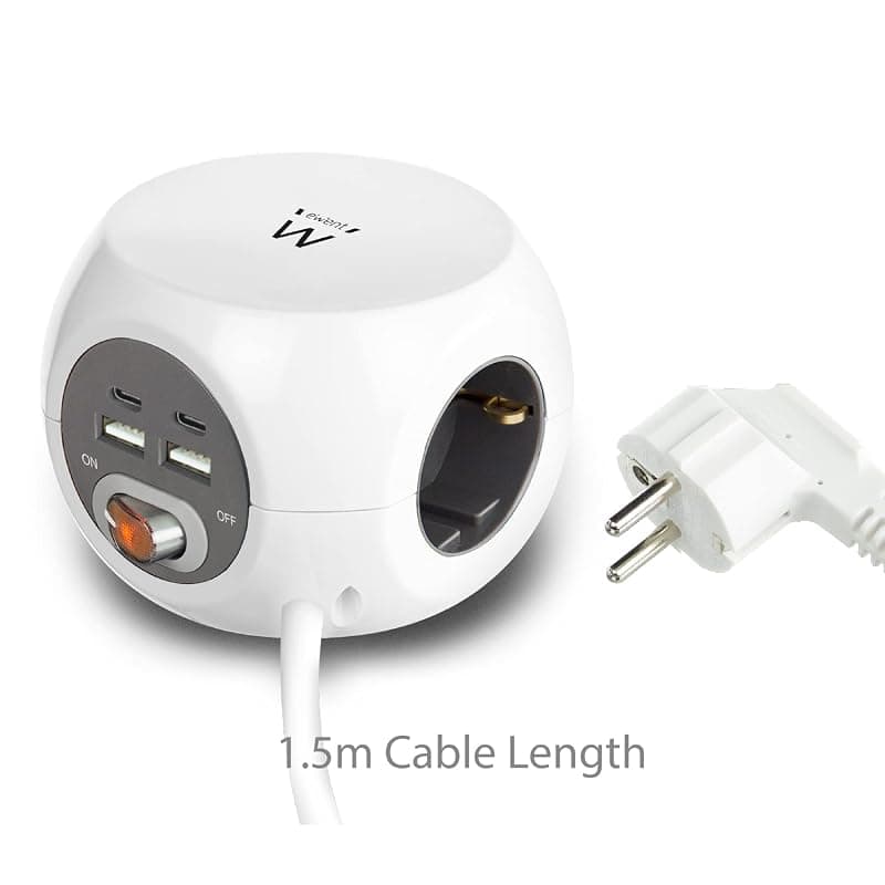 Ewent Powercube EW3957 - Cubo con presa USB, 2 USB-C e 2 prese USB-A (3,4 A) con interruttore, 3 prese, incluso cuscinetto adesivo per cucina, ufficio, soggiorno, lunghezza cavo — miniatura 3