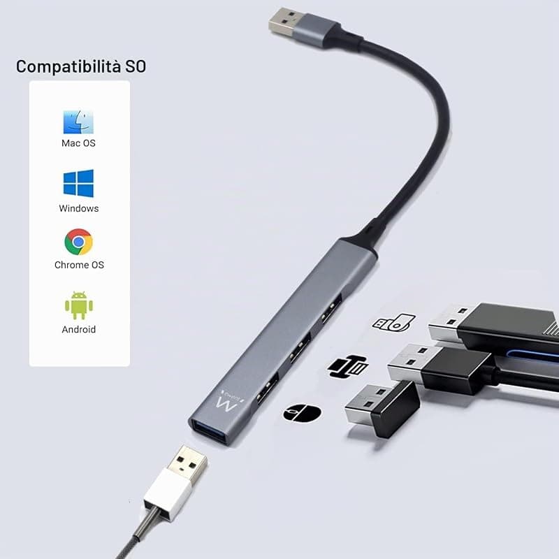 Ewent EW1144 Hub USB A, Hub 4 porte Ultra Slim Data, Hub con 3 porte USB A 2.0, 1 porta USB A 3.2, Hub Slim tipo A per Macbook Pro/Air, Laptop, PS5/PS4 e sistemi Mac OS, Windows — miniatura 6
