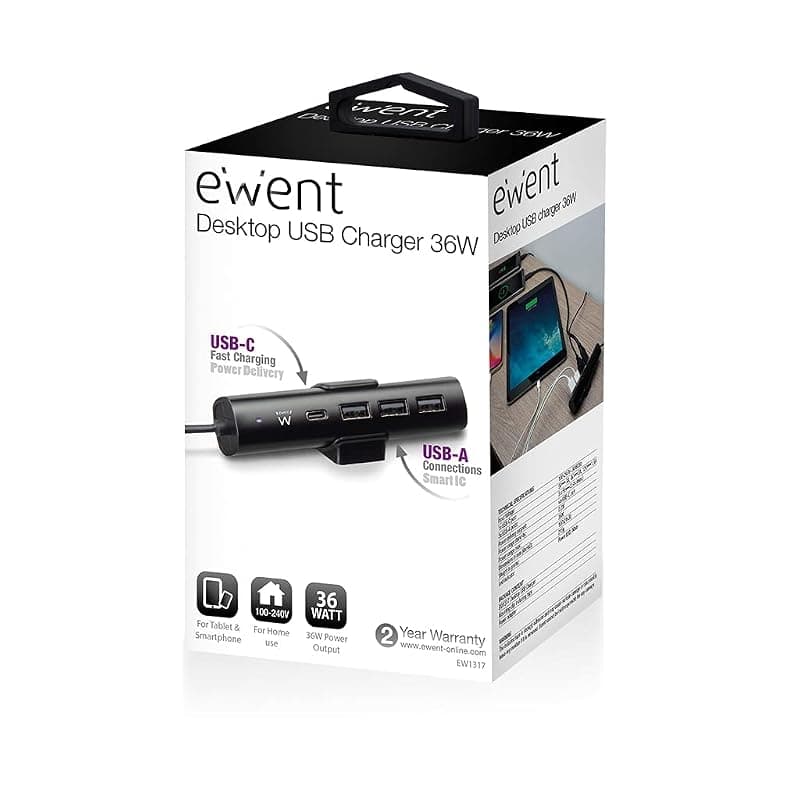 Ewent EW1317 Caricatore USB da Tavolo con 1 Porta USB Tipo C e 3 Porte USB Tipo A 36W, Colore Nero — miniatura 2