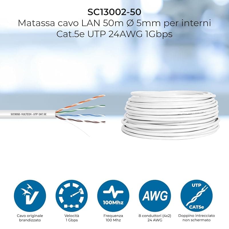 VulTech SC13002-50 Bobina Matassa Lan Categoria 5e UTP 50 Metri 24AWG Ethernet cavo rete impianti alta velocità 1Gbps 50m Cat5e, 100 Ohm, 100Mhz, 10/100/1000 Mbps — miniatura 2
