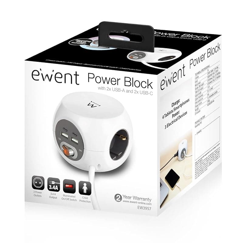 Ewent Powercube EW3957 - Cubo con presa USB, 2 USB-C e 2 prese USB-A (3,4 A) con interruttore, 3 prese, incluso cuscinetto adesivo per cucina, ufficio, soggiorno, lunghezza cavo — miniatura 7