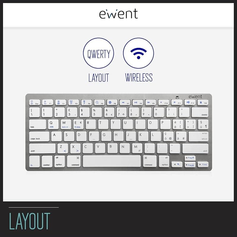 Ewent Ew3160 Tastiera Bluetooth 3 Keyboard Wireless Italiana Compatibile con Dispositivi iOS Come iPad, iPhone, Mac, Dispositivi Android e Windows Pc, Colore Argento/Bianca — miniatura 2