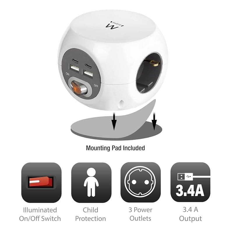 Ewent Powercube EW3957 - Cubo con presa USB, 2 USB-C e 2 prese USB-A (3,4 A) con interruttore, 3 prese, incluso cuscinetto adesivo per cucina, ufficio, soggiorno, lunghezza cavo — miniatura 2