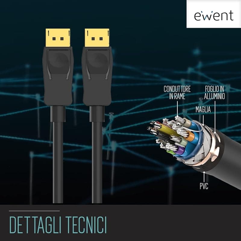Ewent EC1400, Cavo Display Port 1.2, Risoluzione 4K e 3D con Audio Digitale, Compatibilità Universale, Supporta 3D, Lunghezza 1 m, Colore Nero, Cavo per Monitor — miniatura 6