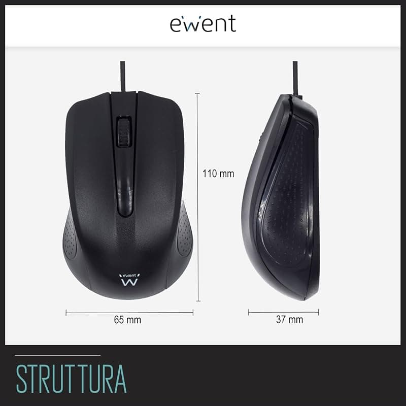 Ewent EW3300 - Mouse ottico con cavo USB a 3 pulsanti, 1000 DPI, design ergonomico, ambidestro, PC/Mac / ‎Laptop/Chromebook - ‎Nero — miniatura 5