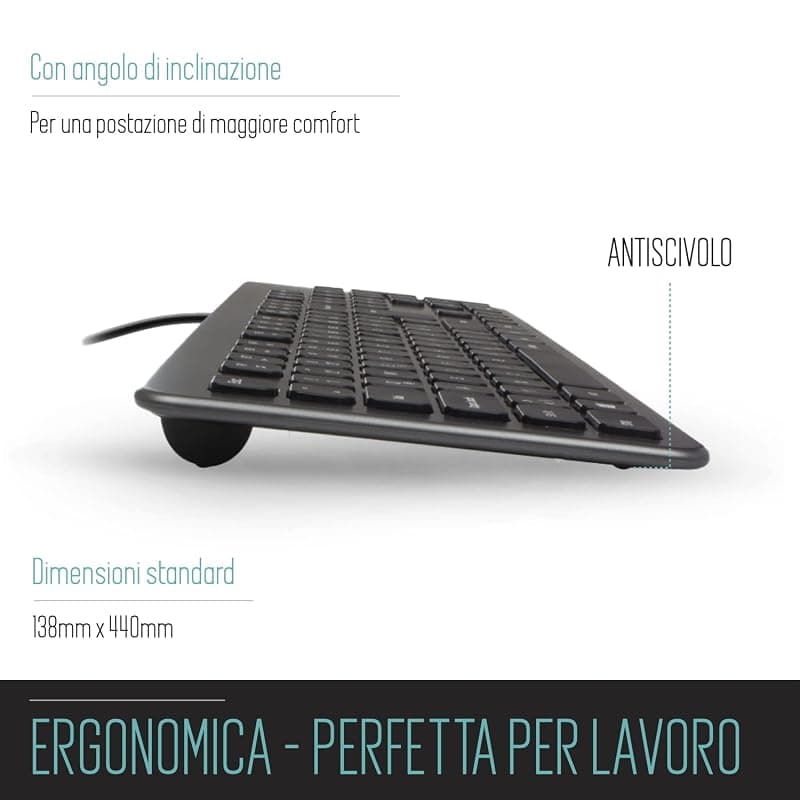 Ewent Tastiera retroilluminata a LED EW3268, cablata USB, dimensioni standard, caratteri grandi, layout QWERTY italiano, nero/grigio — miniatura 3