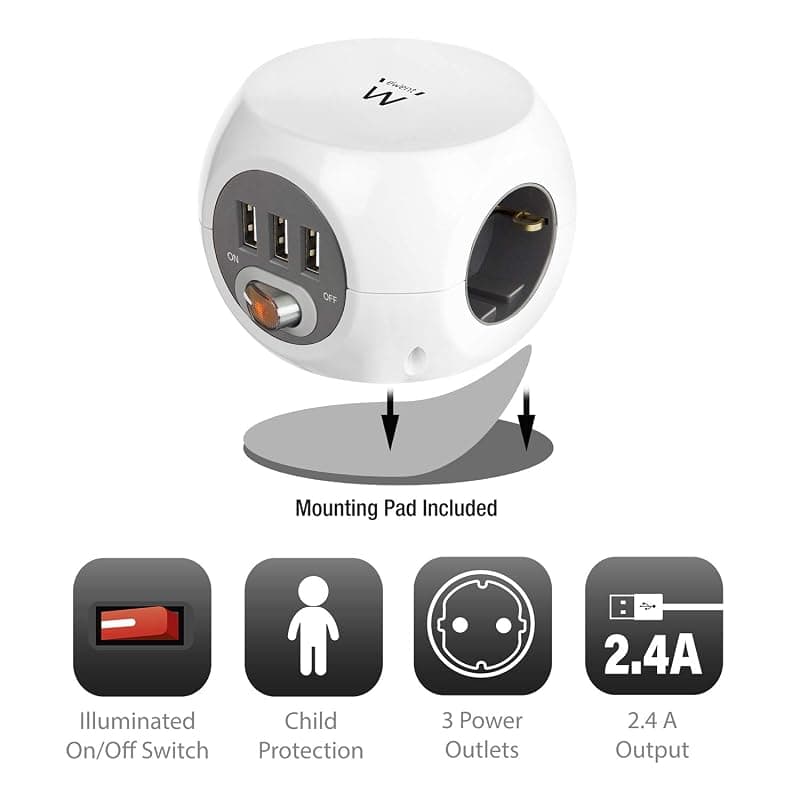 Ewent EW3939 - Power Block (Cube) con 3 prese e 3 porte USB, cavo da 1,5 m, colore: Bianco/Bianco — miniatura 2