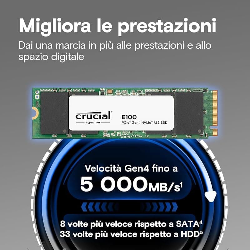 Crucial E100 480GB PCIe Gen4 NVMe M.2 SSD Interno, Fino a 4.700 MB/s, Compatibile con Notebook e PC Desktop - CT480E100SSD8 — miniatura 2