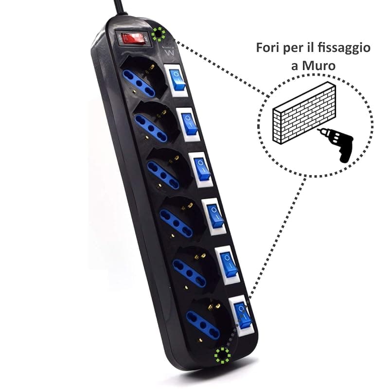 Ewent EW3851 Multipresa Elettrica a 6 Posti ITA/Schuko indipendenti su Ogni Presa e Interruttore Generale, Schuko 16A, 2500W, Nera — miniatura 7