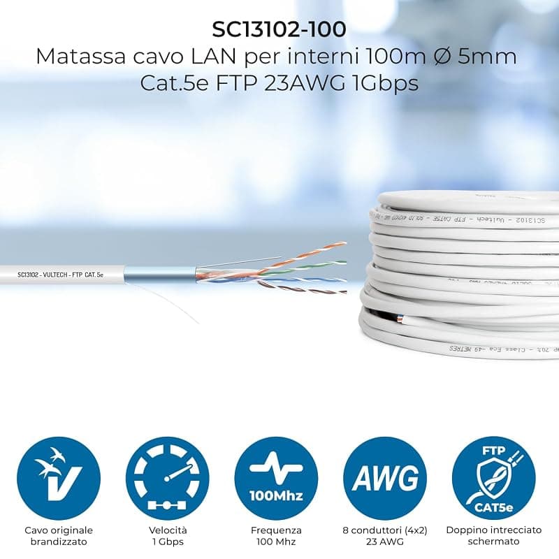 VulTech SC13102-100 Bobina Matassa Lan Categoria 5e FTP 100 Metri 23AWG Ethernet cavo rete impianti alta velocità 1Gbps 100m Cat5e, 100 Ohm, 10/100/1000 Mbps — miniatura 2