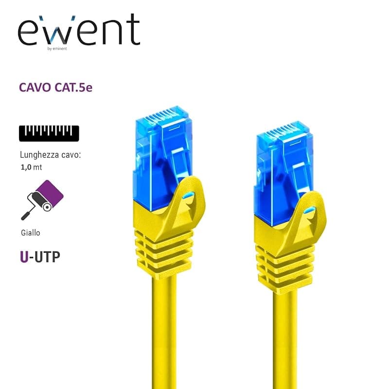 Ewent EW-5U-010Y - Cavo di Rete, Patch CAT 5e U/UTP, AWG 26/7, 2 Connettori RJ46, Giallo, 1 m, 1 Pezzo — miniatura 2