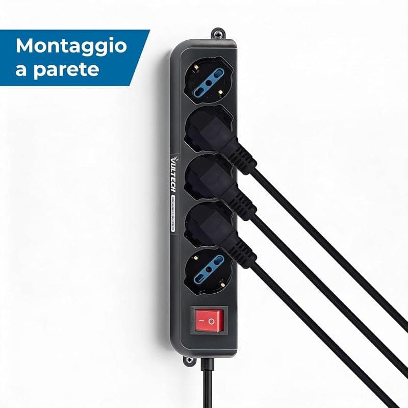 VulTech MU-UPS01 Multipresa per UPS IEC14 a 5 Posti Prese Italiane 10/16A e Schuko/Tedesche, Tasto On/Off, Ignifuga, Cavo da 1,5 m, 2500W, Nero — miniatura 4