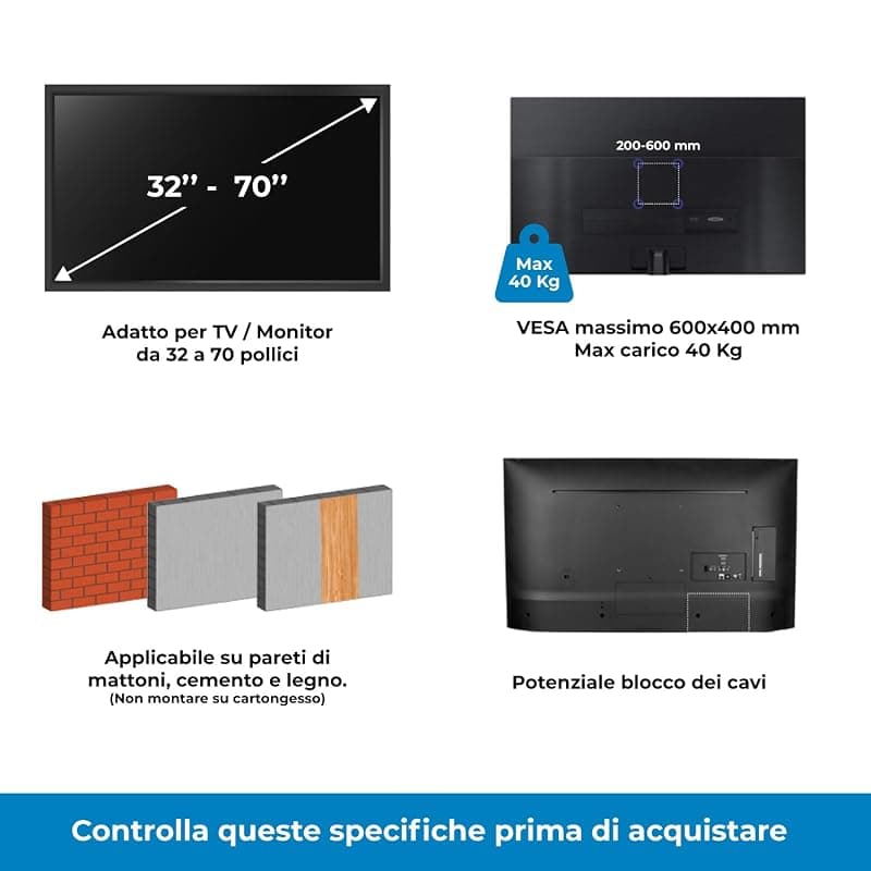 VulTech Staffa Fissa da Parete per TV 32-70" LED LCD Plasma - Snodi Resistenti, VESA fino a 600x400, Portata 40kg, con Livella a Bolla - BTV-D3270LITE — miniatura 7