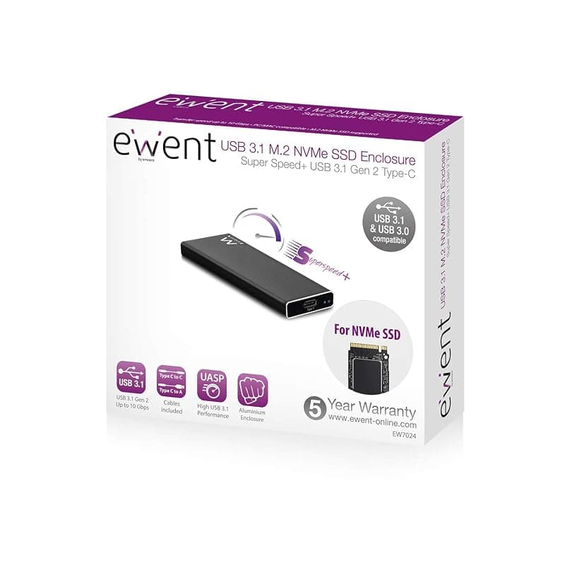 Ewent EW7024, M.2 NVME PCIe SSD Box, USB 3.1, Gen 2 Custodia Disco Rigido, PCIe SSD Enclosure per M.2 NVME M-Key & M+B Key SSD 2230/2242/2260/2280, Alluminio, Nero — miniatura 5