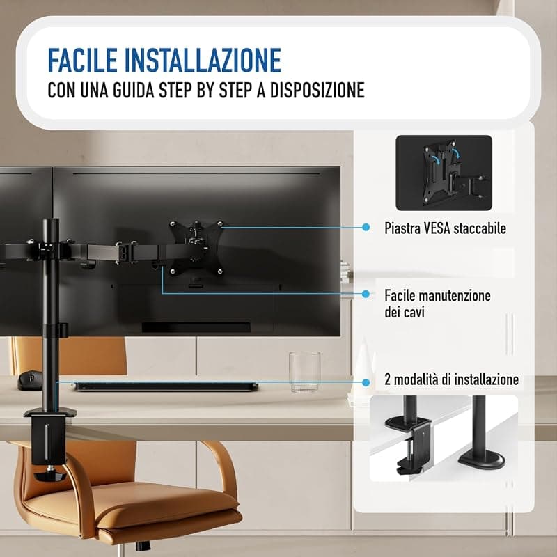Ewent EW1512 Braccio Doppio Monitor, Supporto Doppio per PC a Schermo Piatto,Staffa Di Supporto Tv/Monitor 13-27 Pollici,Altezza e Inclinazione Regolabili e Rotazione,con — miniatura 6