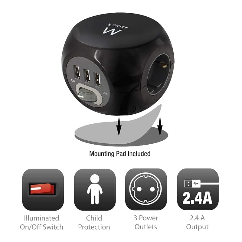 Ewent EW3938 Multipresa Ciabatta elettrica da tavolo 3 prese schuko + 3 prese USB 2.4A, cavo 1.5m spina schuko, nera — miniatura 4