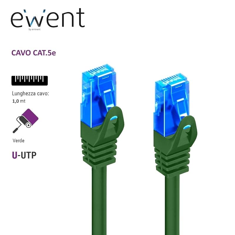Ewent EW-5U-010G EW-5U-010G - Cavo di Rete, Patch CAT 5e U/UTP, AWG 26/7, 2 Connettori RJ87, Verde, 1 m, 1 Pezzo — miniatura 2