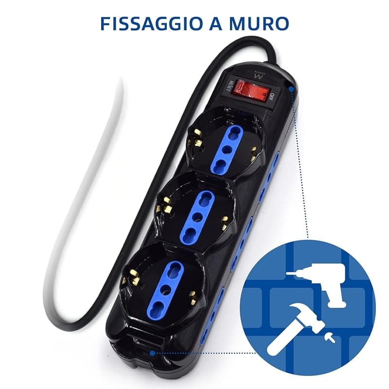 Ewent EW3960 Multipresa Ciabatta Elettrica 9 Posti, 6 prese Ita 10/16A+3Schuko, protezione Sovraccarico Sovratensione 250V/2500W spina Italiana 10A cavo 1.5m, nera Classe — miniatura 8