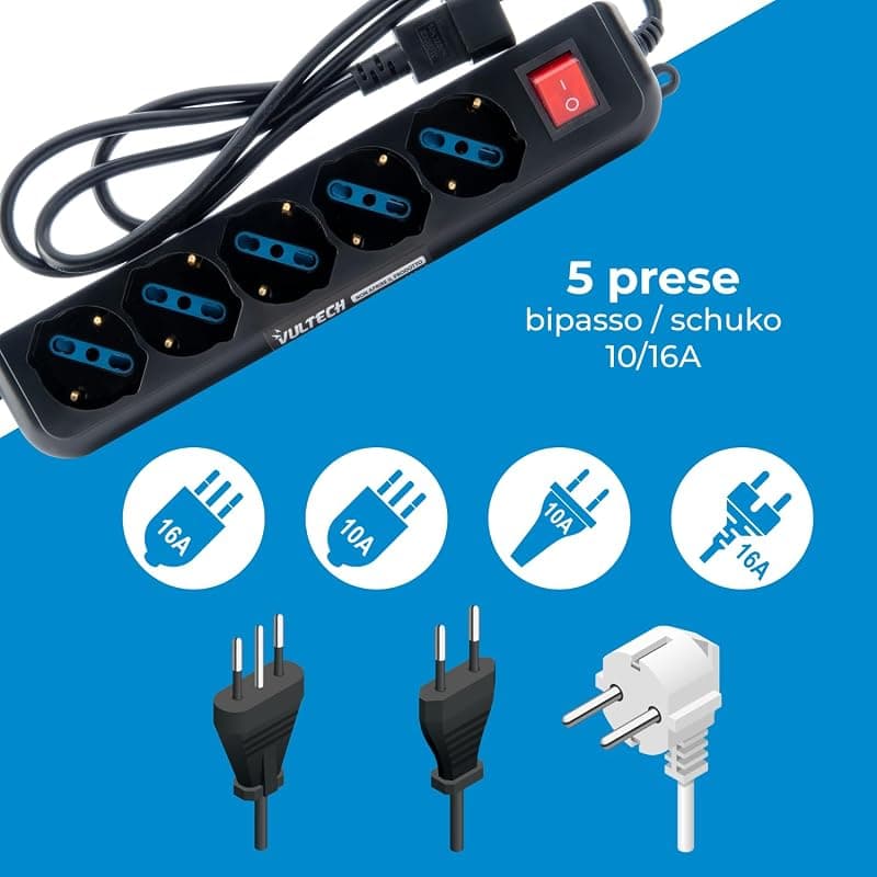 VulTech MU-UPS01 Multipresa per UPS IEC14 a 5 Posti Prese Italiane 10/16A e Schuko/Tedesche, Tasto On/Off, Ignifuga, Cavo da 1,5 m, 2500W, Nero — miniatura 3