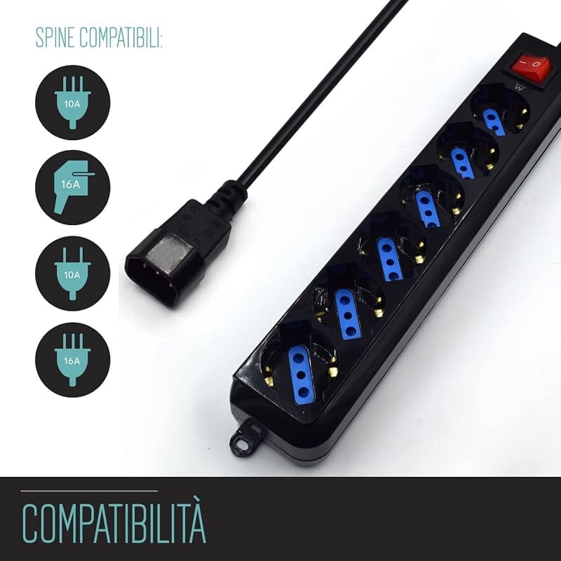 Ewent Multipresa 6 Posti con Interruttore 10/16A Attacco UPS IEC EW3925 — miniatura 3