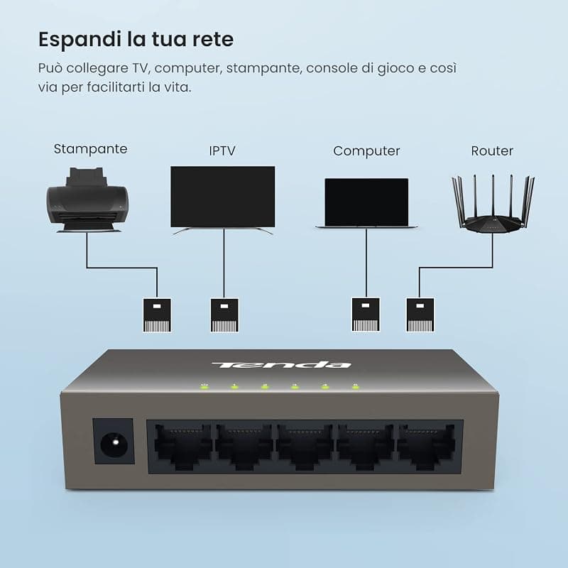 Tenda Switch TEF1005D Fast Ethernet 5 Porte 10/100Mbps con i Fori per Appendere a Parete, Plug And Play, Struttura in Acciaio, Protezione dai Fulmini, Grigio — miniatura 3