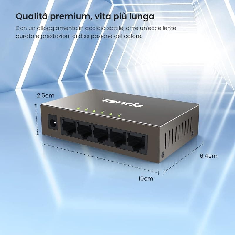 Tenda Switch TEF1005D Fast Ethernet 5 Porte 10/100Mbps con i Fori per Appendere a Parete, Plug And Play, Struttura in Acciaio, Protezione dai Fulmini, Grigio — miniatura 2