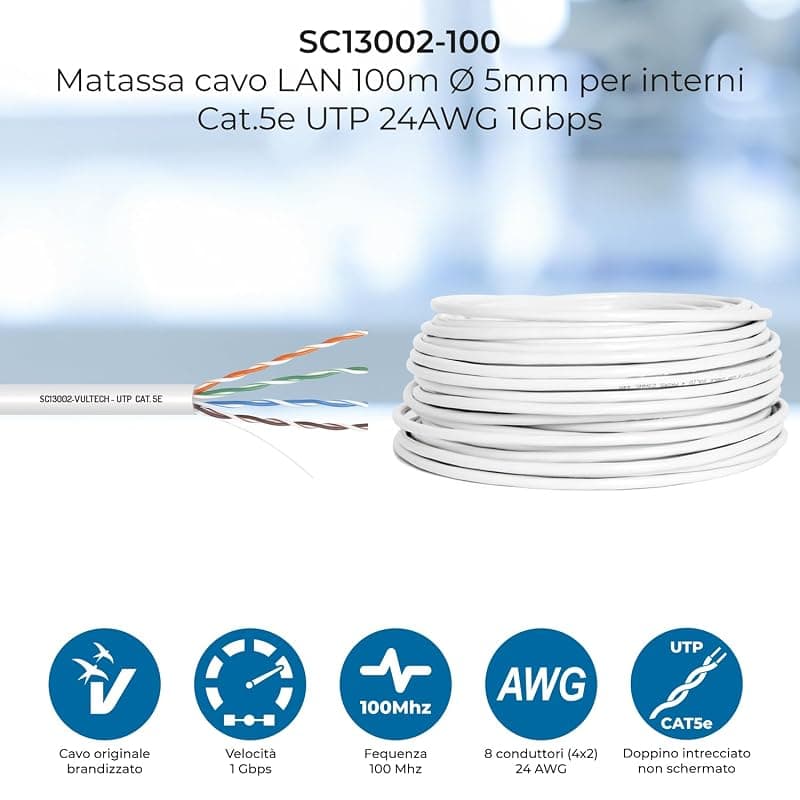 VulTech SC13002-100 Bobina Matassa Lan Categoria 5e UTP 100 Metri 24AWG Ethernet cavo rete impianti alta velocità 1Gbps 100m Cat5e, 100 Ohm, 100Mhz 10/100/1000 Mbps in CCA — miniatura 2