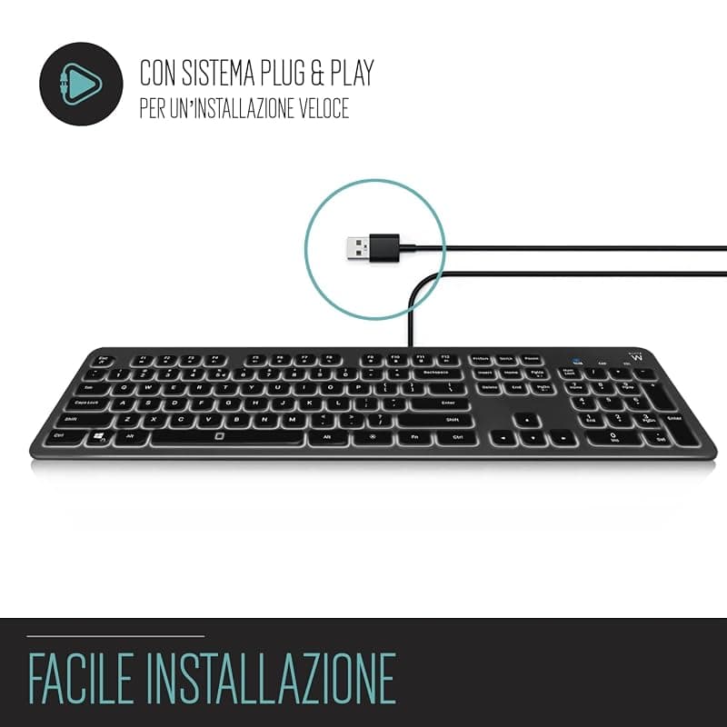 Ewent Tastiera retroilluminata a LED EW3268, cablata USB, dimensioni standard, caratteri grandi, layout QWERTY italiano, nero/grigio — miniatura 5