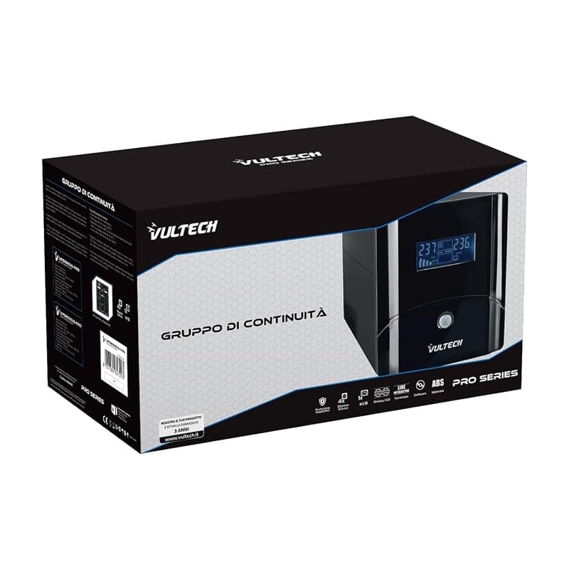VulTech UPS1500VA-PRO Gruppo di continuità UPS Serie PRO 1500VA 800Watt, Display LCD, 2x Bipasso/Schuko + 1x IEC13 + RJ11 + USB, Funzione Overload, AVR, sbalzi di tensione per Pc — miniatura 2