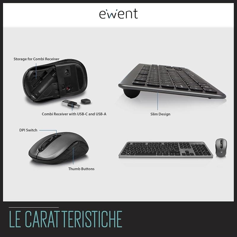 Ewent Kit Tastiera + Mouse Wireless Ricevitore USB a + C EW3263 — miniatura 6