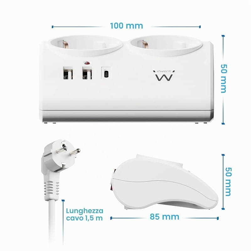 Ewent Multipresa da Scrivania 2 Prese Schuko + 2 USB + 1 USB-C EW3870 — miniatura 7