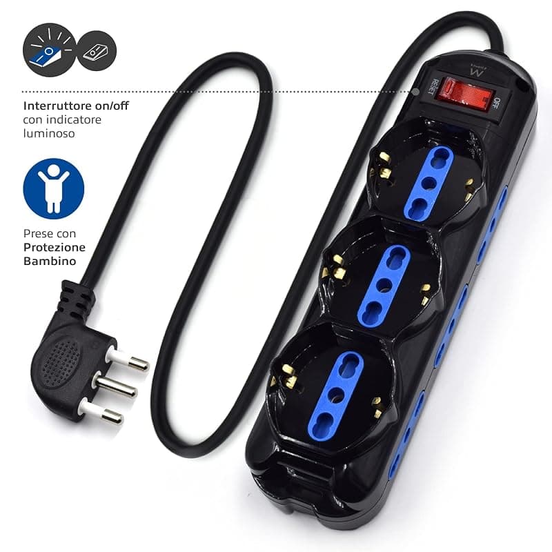 Ewent EW3960 Multipresa Ciabatta Elettrica 9 Posti, 6 prese Ita 10/16A+3Schuko, protezione Sovraccarico Sovratensione 250V/2500W spina Italiana 10A cavo 1.5m, nera Classe — miniatura 3