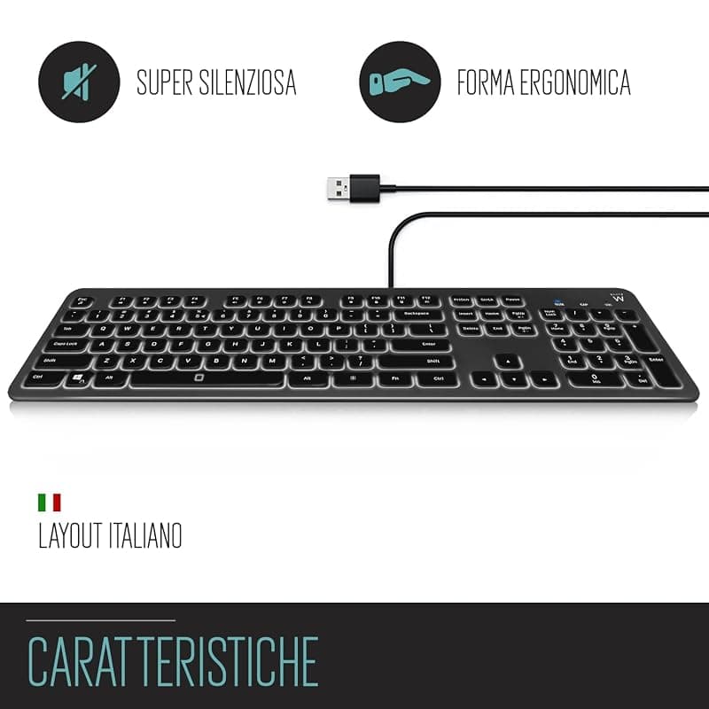 Ewent Tastiera retroilluminata a LED EW3268, cablata USB, dimensioni standard, caratteri grandi, layout QWERTY italiano, nero/grigio — miniatura 2