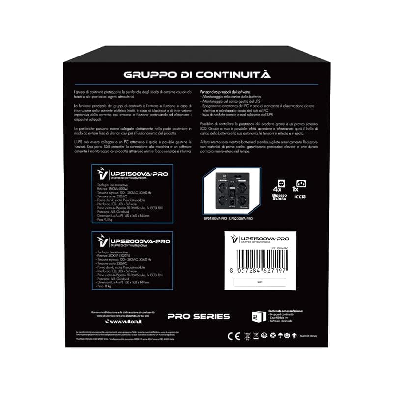 VulTech UPS1500VA-PRO Gruppo di continuità UPS Serie PRO 1500VA 800Watt, Display LCD, 2x Bipasso/Schuko + 1x IEC13 + RJ11 + USB, Funzione Overload, AVR, sbalzi di tensione per Pc — miniatura 3