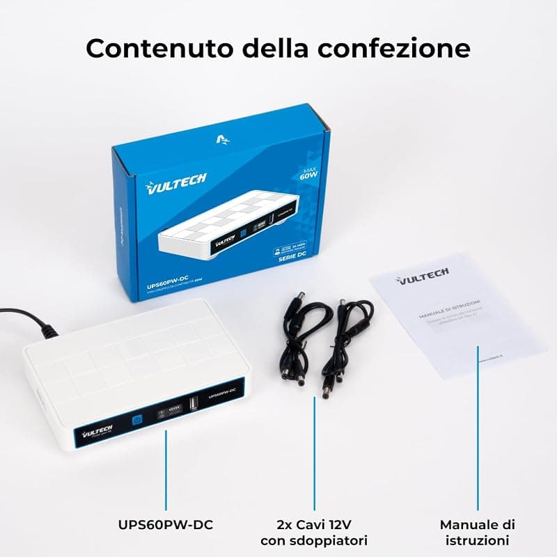 VulTech UPS60PW-DC Rev. 2.1 Bianco Mini UPS 6000mAh 60Watt Gruppo di Continuità Portatile per Router Wireless Modem Telecamera Power Bank Smartphone Input 100-240 VAC USB 5V DC 12V — miniatura 6