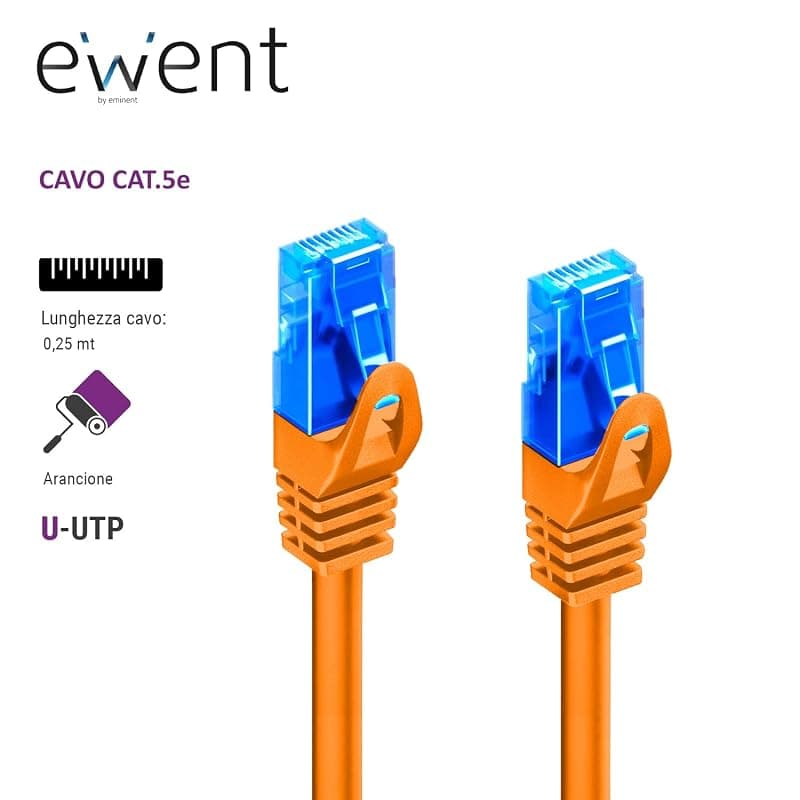 Ewent Cavo di Rete U/UTP Patch Cord 0,25MT CAT 5e Color Arancio IM1133 — miniatura 2