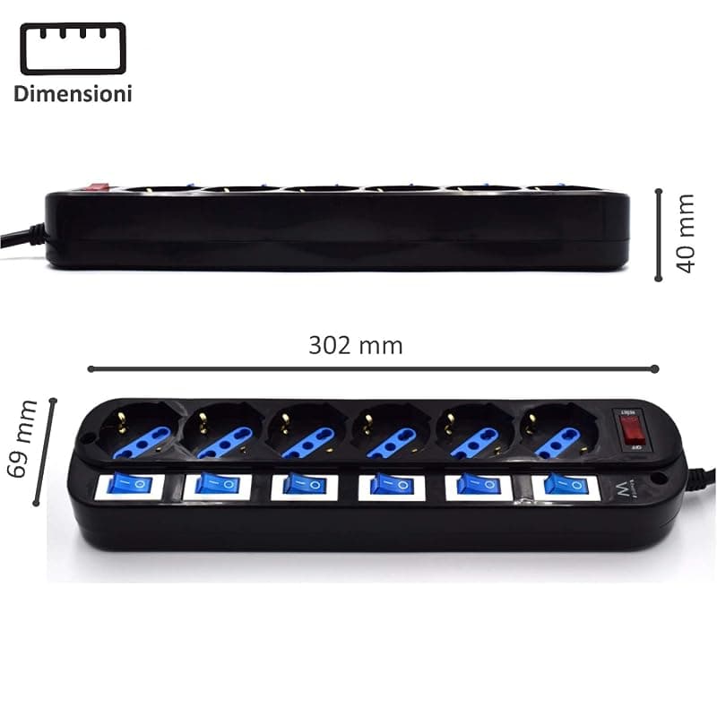 Ewent EW3851 Multipresa Elettrica a 6 Posti ITA/Schuko indipendenti su Ogni Presa e Interruttore Generale, Schuko 16A, 2500W, Nera — miniatura 6