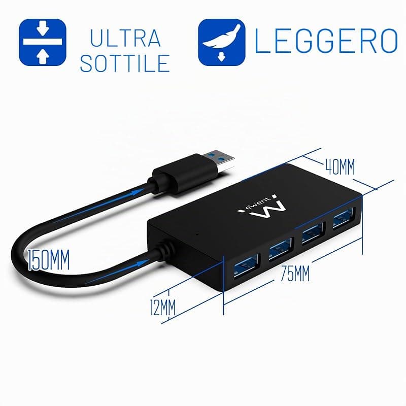 Ewent EW1136 Hub USB 3.0 4 Porte per la Trasmissione di Dati, Hub USB Multiporta sottile con connettore DC per Alimentazione esterna, Velocità di trasferimetno 5 Gbps — miniatura 3