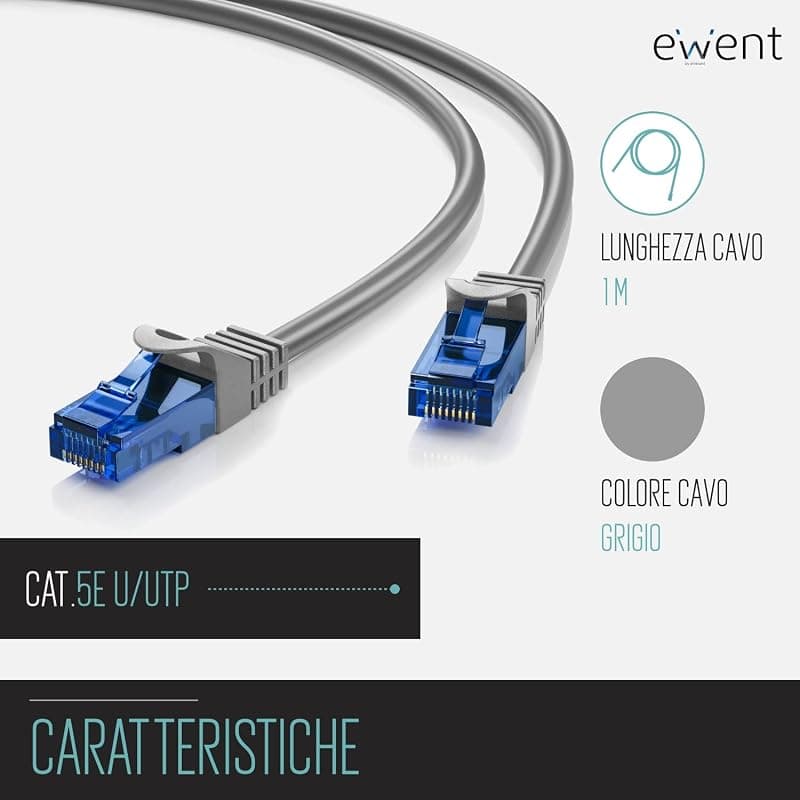 Ewent EW-5U-010 Cavo di Rete, Patch Cat 5e U/UTP, AWG 26/7, 2 Connettori RJ45, 1m, Grigio — miniatura 2